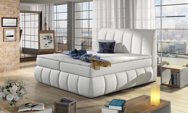 Kontinentální postel Boxspring RAVIOLI bílá ekokůže 160x200cm