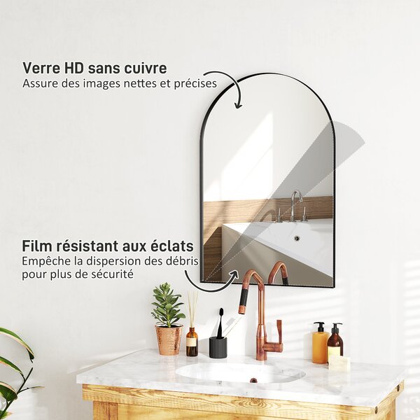HOMCOM Zakřivené Zrcadlo na Zeď, Koupelnové Zrcadlo, 60 x 90 cm, vysoké rozlišení, s hliníkovým rámem, pro ložnici, obývací pokoj, předsíň, černé | Ao
