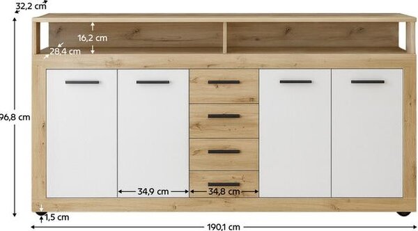 Kondela Čtyřdveřová komoda se zásuvkami Lunysa - dub artisan / bílá