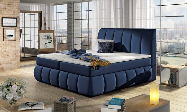 Kontinentální postel Boxspring RAVIOLI modrá ekokůže 180x200cm