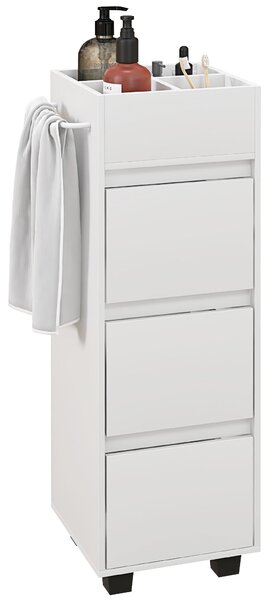 HOMCOM Koupelnová skříňka se skladovacím prostorem a 4 přihrádkami nahoře, 3 šuplíky a držákem na ručníky pro úzké prostory, 35 x 30 x 90cm, Bílá | Ao