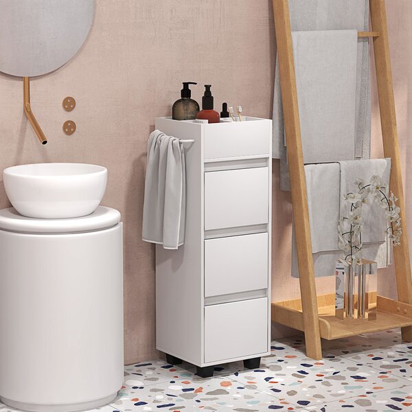 HOMCOM Koupelnová skříňka se skladovacím prostorem a 4 přihrádkami nahoře, 3 šuplíky a držákem na ručníky pro úzké prostory, 35 x 30 x 90cm, Bílá | Ao