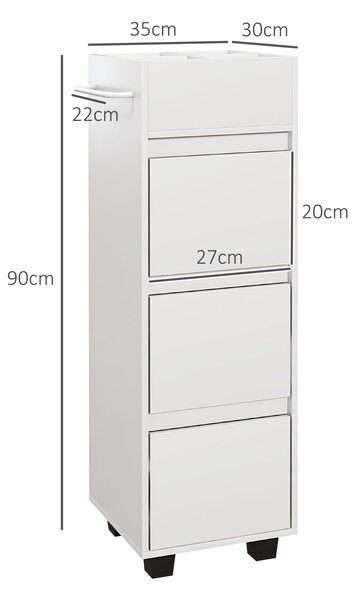 HOMCOM Koupelnová skříňka se skladovacím prostorem a 4 přihrádkami nahoře, 3 šuplíky a držákem na ručníky pro úzké prostory, 35 x 30 x 90cm, Bílá | Ao