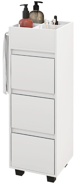 HOMCOM Koupelnová skříňka se skladovacím prostorem a 4 přihrádkami nahoře, 3 šuplíky a držákem na ručníky pro úzké prostory, 35 x 30 x 90cm, Bílá | Ao