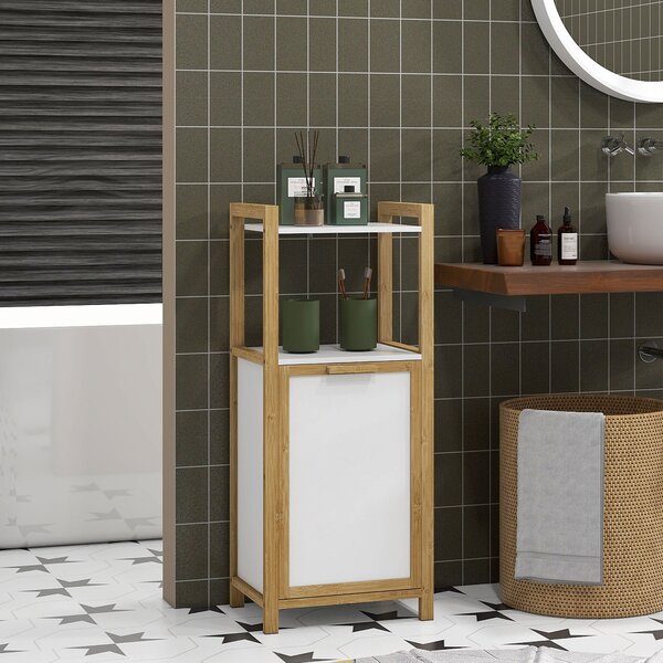 HOMCOM Bamboo Freestanding Laundry Hamper Cabinet - Koupelnová skříňka s proutěným košem - 2 police - 40L x 30Š x 86,5V cm | Aosom