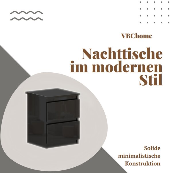 VBChome Noční stolek 30 x 26 x 38 cm Černý lesklý noční stolek se 2 zásuvkami do ložnice Bezručový kancelářský pokoj Moderní
