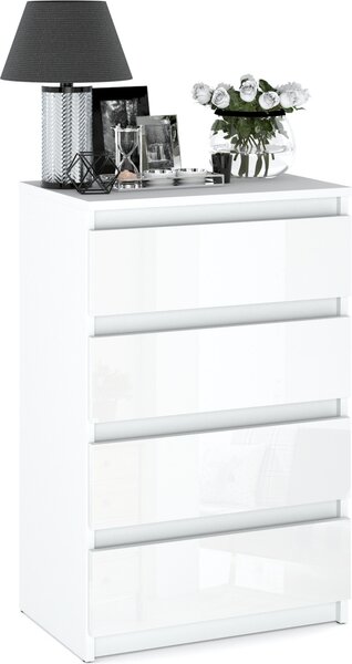 STIV Möbel | Komoda se 4 zásuvkami | Bílá matná / Bílý lesk | 60 cm | moderní & bezúchytková | do ložnice a obýváku