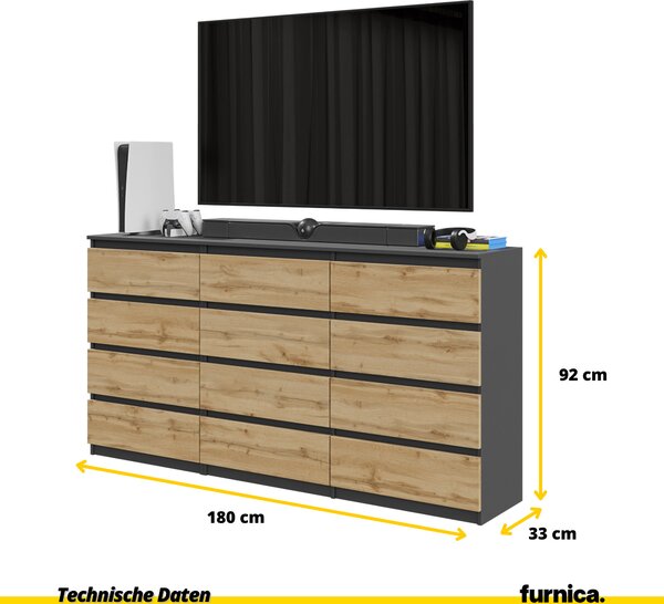 FURNICA - GABRIEL - Komoda / příborník s 12 zásuvkami (8+4) - antracitově šedá / dub Wotan V92cm B180cm D33cm