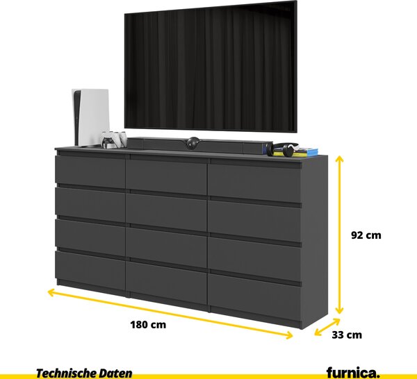 FURNICA - GABRIEL - Komoda s 12 zásuvkami (8+4) - antracitově šedá V92cm Š180cm H33cm
