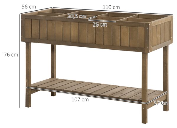 Outsunny Čtvercová Vysoká Zahradní Truhla s Policí, rozměry 110D x 46Š x 76V cm, 8 Kompartamentů & Závlahové vložky z jedlového dřeva | Aosom