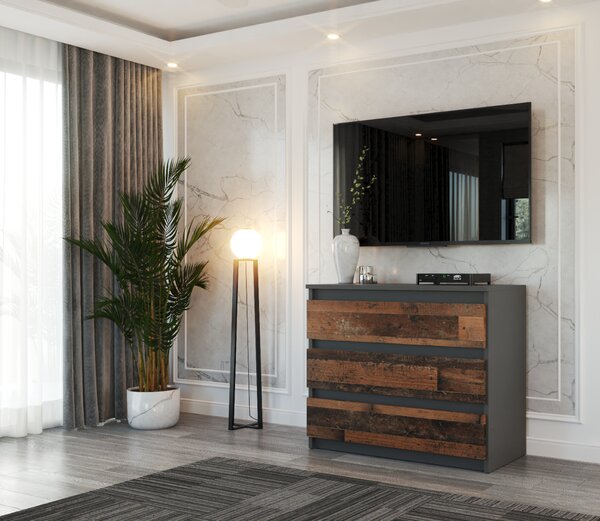 STIV Möbel | Komoda Šedý Mat/Old Style 80x33,5x71,5 cm | 3 zásuvky | Industriální Imitace | Stylová úložná komoda