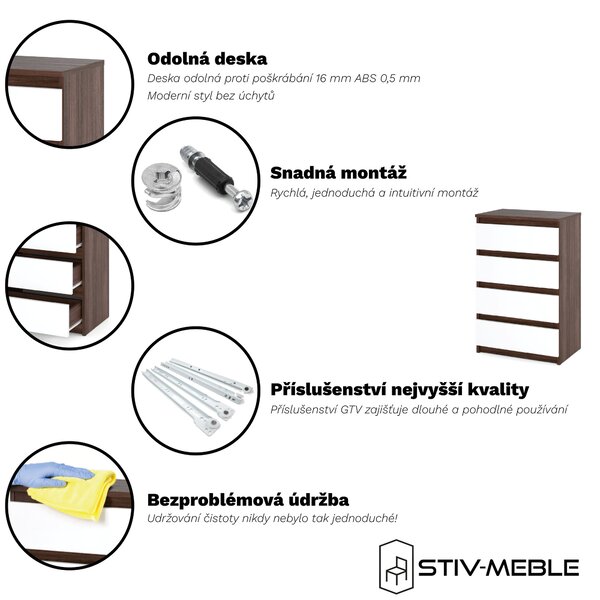 STIV Möbel | Komoda se 4 zásuvkami | Dub Wenge / Bílý Mat | 60 cm | moderní & bezúchytková | do ložnice a obýváku