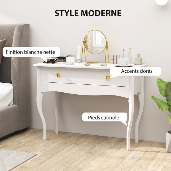 HOMCOM Toaletka, Toaletní Stolek na Make-up s Velkým Úložným Prostorem a Cabriole Nohy, Toaletní Stůl do Ložnice, 100 x 40 x 74 cm, Bílá | Aosom