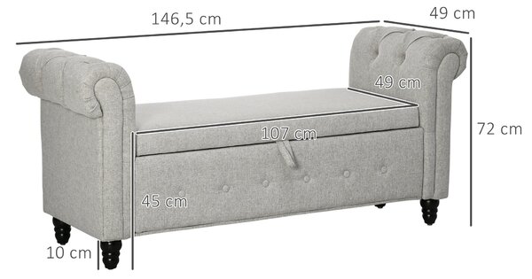 HOMCOM Úložná Lavice na Konec Postele, Úložný Box v Lnu s Dřevěnými Nohami, 146,5 x 49 x 72 cm, Šedá | Aosom