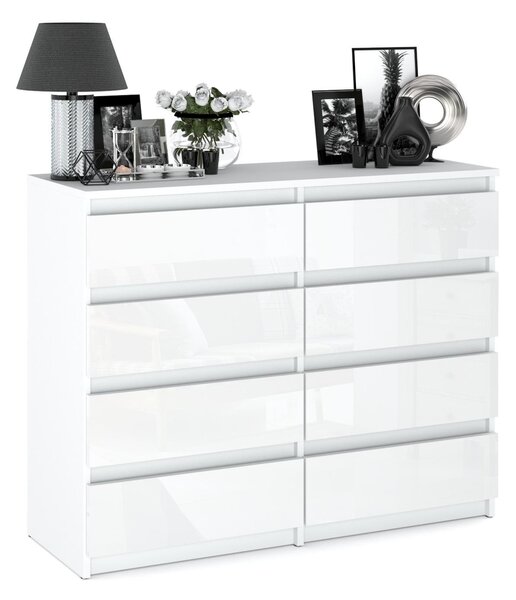 STIV Möbel | Komoda s 8 zásuvkami | Bílý Mat / Bílý Lesk | 120 cm | moderní & bez úchytů | Ložnice & Obývací pokoj