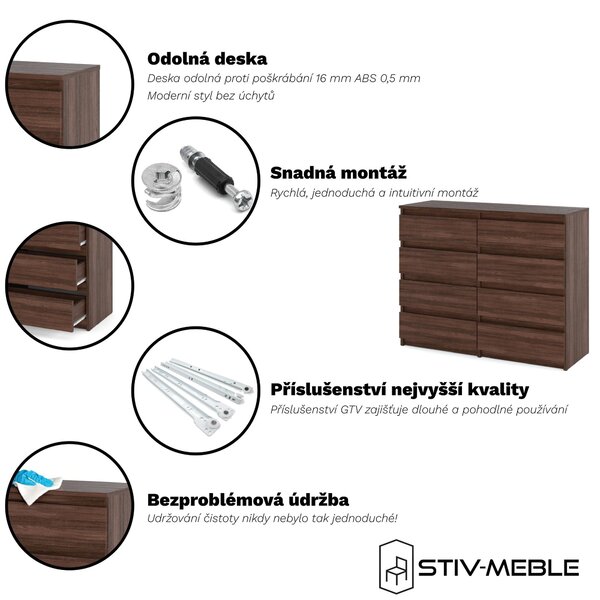 STIV Möbel | Komoda s 8 zásuvkami | Dub Wenge | 120 cm | moderní & bez úchytů | Ložnice & Obývací pokoj