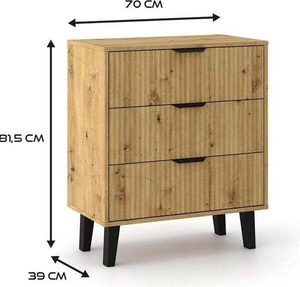 BDW, komoda Scandi, se 3 zásuvkami, ložnice, 80 × 40 × 75 cm, dub Artisan