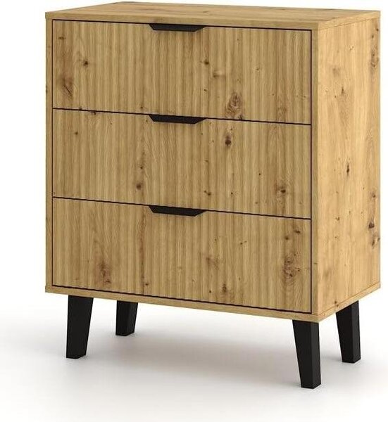 BDW, komoda Scandi, se 3 zásuvkami, ložnice, 80 × 40 × 75 cm, dub Artisan