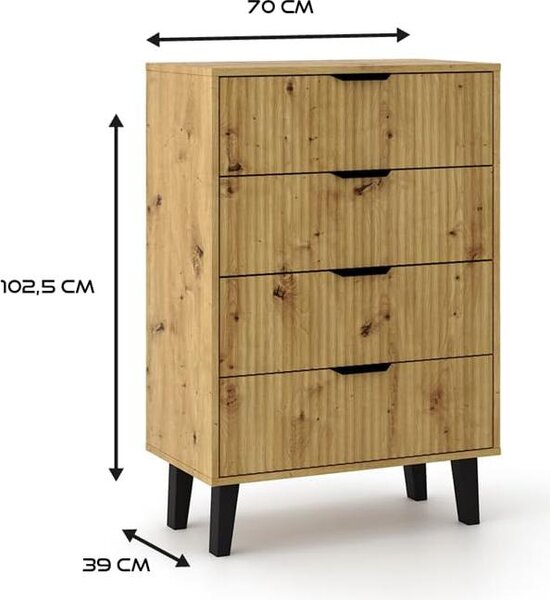 BDW, komoda Scandi, 4 zásuvky, ložnice, obývací pokoj, 80×40×90, dub Artisan