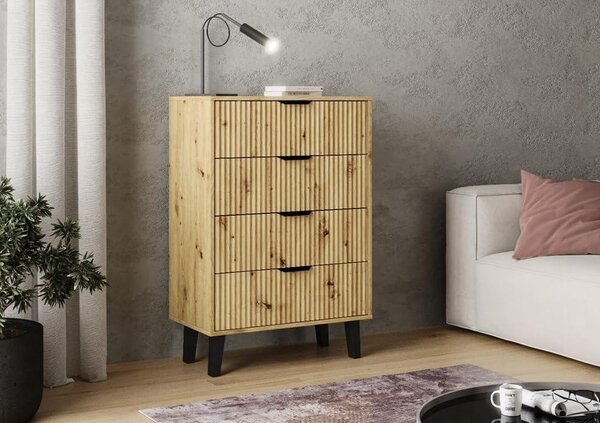 BDW, komoda Scandi, 4 zásuvky, ložnice, obývací pokoj, 80×40×90, dub Artisan
