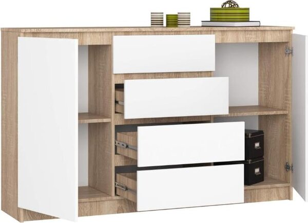 BDW, komoda se 4 zásuvkami, 160x40x99 cm, K160, dub Sonoma / bílá