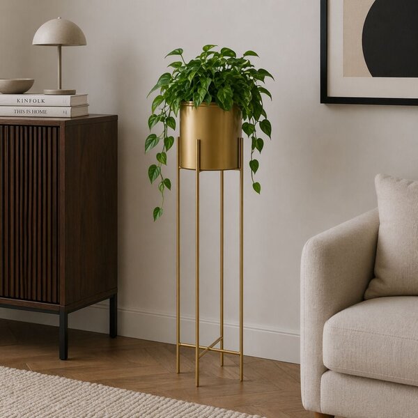 KOVOVÝ KVĚTINÁČ SE STOJÁNEM GOLDEN 95X21 CM ZLATÁ