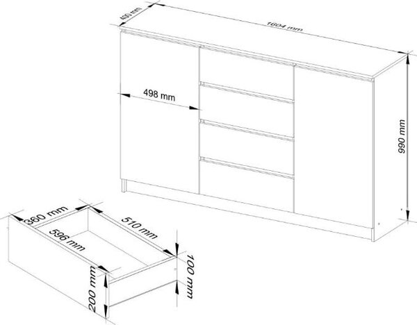 BDW, komoda se 4 zásuvkami, 160x40x99 cm, K160, dub Sonoma / bílá