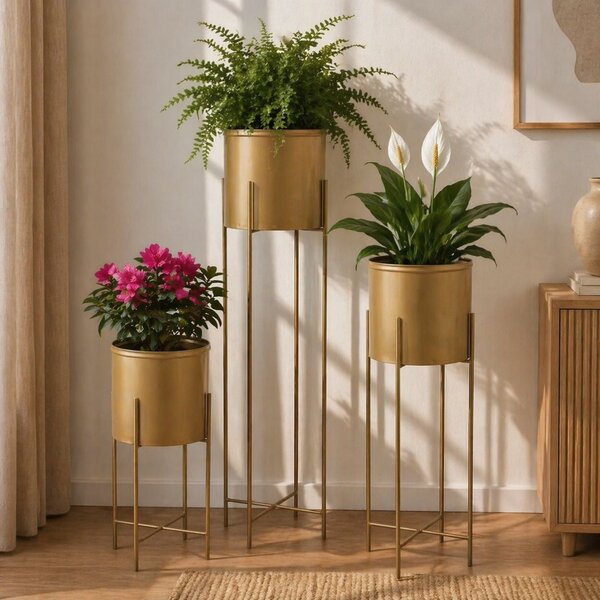 KOVOVÝ KVĚTINÁČ SE STOJÁNEM GOLDEN 95X21 CM ZLATÁ