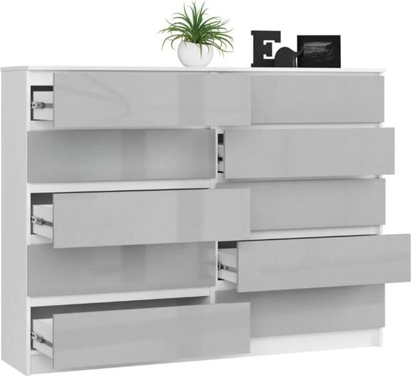 BDW, komoda s 10 zásuvkami, 160 × 40 × 121 cm, K160, bílá / šedá vysoký lesk