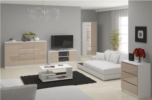 BDW, komoda se 4 zásuvkami, 139x40x99 cm, K140, bílá / cappuccino vysoký lesk