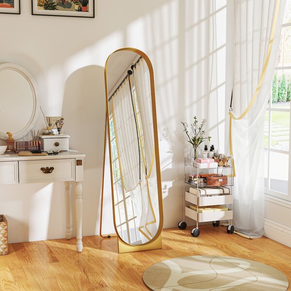 HOMCOM Zrcadlo s obloukovým rámem 40 x 160 cm, velké zrcadlo s kovovým rámem a ochrannou fólií, stojící nebo opřené o zeď, do ložnice, obývacího pokoj