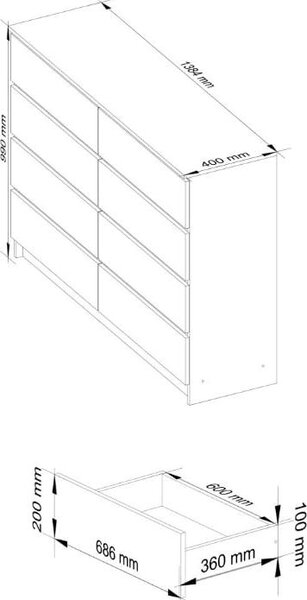 BDW, komoda s 8 zásuvkami, 138x40x99 cm, K140, dub Artisan / šedá