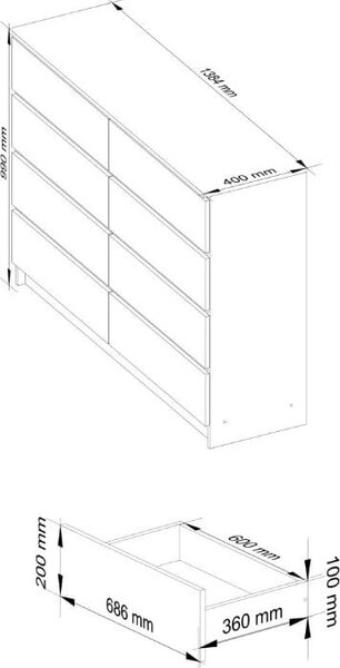 BDW, komoda s 8 zásuvkami, 138x40x99 cm, K140, dub Artisan