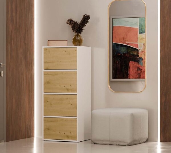 BDW, komoda se 4 dvířky, ALMA, systém Tip-ON, 50 × 119 × 40 cm, bílá / dub Artisan