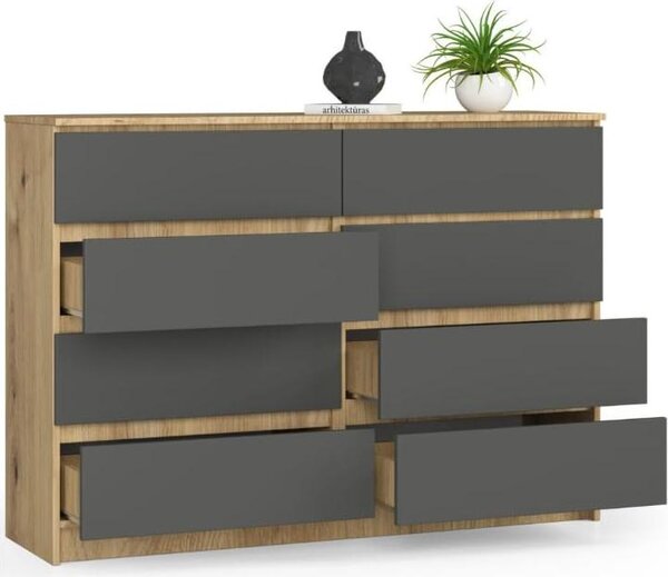 BDW, komoda s 8 zásuvkami, 138x40x99 cm, K140, dub Artisan / šedá