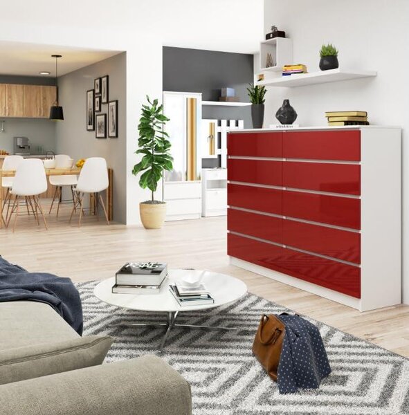BDW, komoda s 10 zásuvkami, 160 × 40 × 121 cm, K160, bílá / červená vysoký lesk