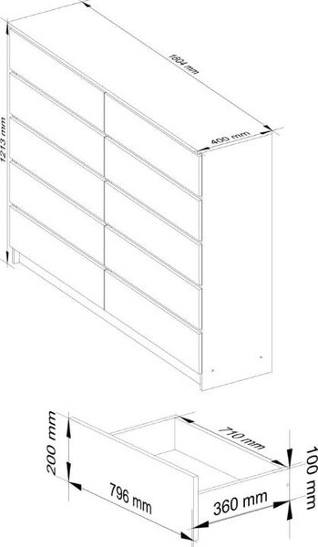 BDW, komoda s 10 zásuvkami, 160 × 40 × 121 cm, K160, bílá / červená vysoký lesk