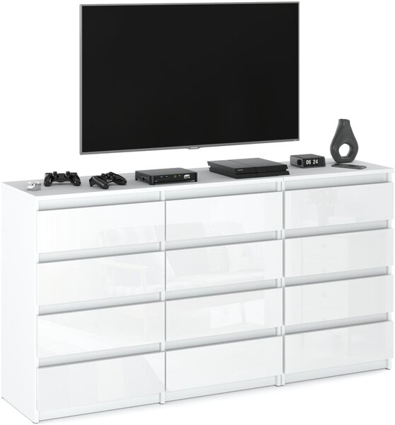 STIV Möbel | Komoda s 12 zásuvkami (8+4) | Bílý Mat / Bílý Lesk | 180 cm | moderní & bez úchytek | Ložnice & Obývací pokoj