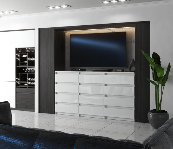 STIV Möbel | Komoda s 12 zásuvkami (8+4) | Bílý Mat / Bílý Lesk | 180 cm | moderní & bez úchytek | Ložnice & Obývací pokoj