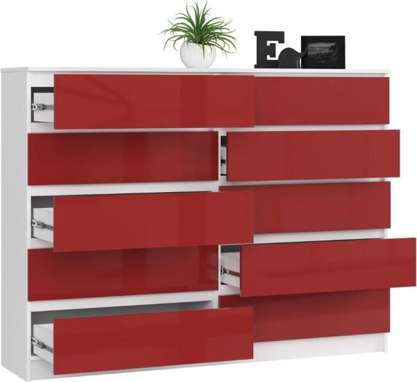 BDW, komoda s 10 zásuvkami, 160 × 40 × 121 cm, K160, bílá / červená vysoký lesk