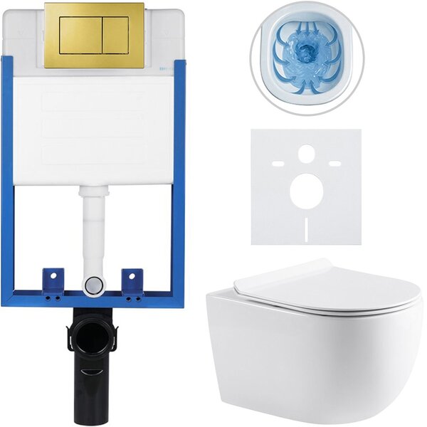 Kompletní podomítkový WC set Lite/Felci - bílá lesklá - WC tlačítko Classic, zlatá - k zazdění - 52,5x36 cm
