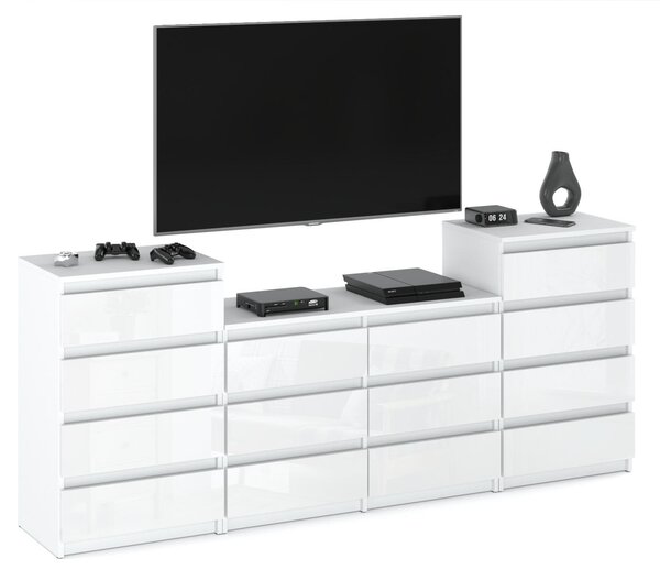 STIV Möbel | Komoda se 14 zásuvkami (4+6+4) | Bílý Mat / Bílý Lesk | 220 cm | moderní & bez úchytů | Ložnice & Obývací pokoj
