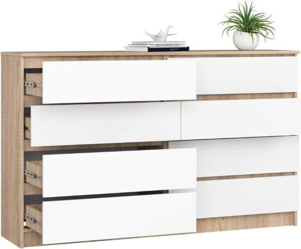 BDW, komoda s 8 zásuvkami, 160x40x99 cm, K160, dub Sonoma / bílá