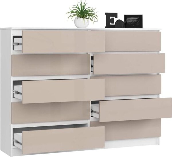BDW, komoda s 10 zásuvkami, 160 × 40 × 121 cm, K160, bílá / cappuccino vysoký lesk