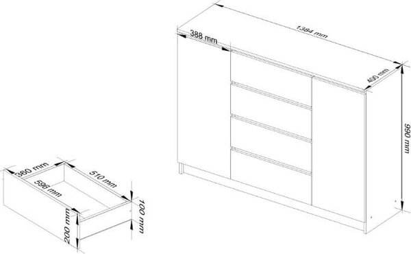 BDW, komoda se 4 zásuvkami, 139x40x99 cm, K140, dub Sonoma / bílá