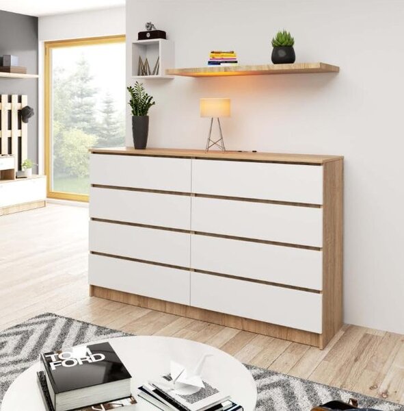 BDW, komoda s 8 zásuvkami, 160x40x99 cm, K160, dub Sonoma / bílá