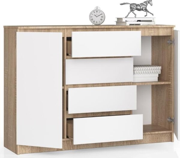BDW, komoda se 4 zásuvkami, 139x40x99 cm, K140, dub Sonoma / bílá