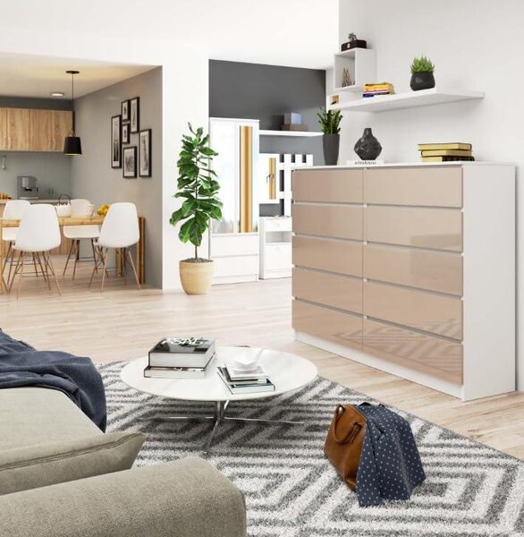 BDW, komoda s 10 zásuvkami, 160 × 40 × 121 cm, K160, bílá / cappuccino vysoký lesk