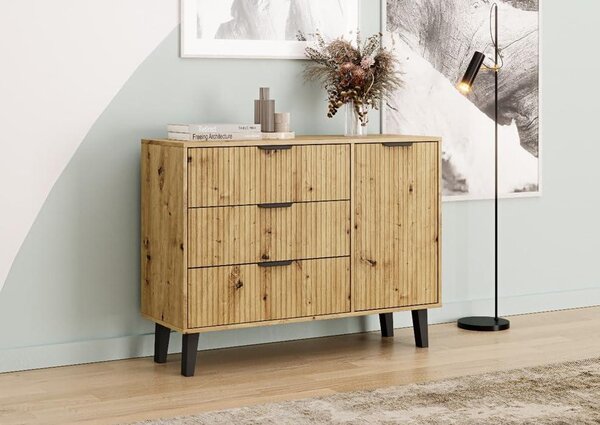 BDW, komoda se zásuvkami, ložnice, Scandi, 110×40×81,5 cm, dub Artisan