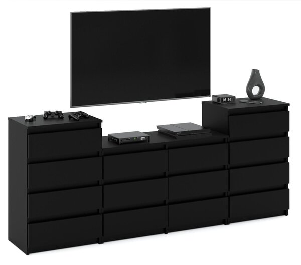 STIV Möbel | Komoda se 14 zásuvkami (4+6+4) | Černý Mat | 220 cm | moderní & bez úchytů | Ložnice & Obývací pokoj